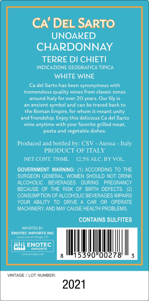 Ca Del Sarto Unoaked Chard 750 ml